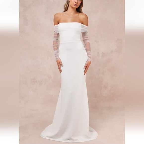 Lulus Dresses & Skirts - Lulus NWT Beautifully Beloved White Mesh Off-the-Shoulder Maxi Dress Size S